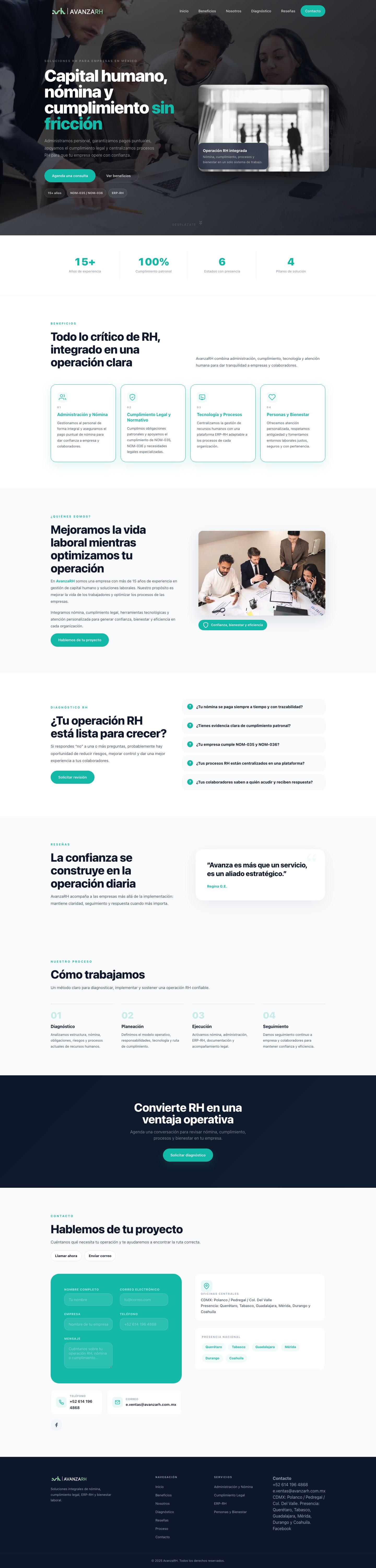 Página completa del sitio publicado de Avanza RH, versión escritorio