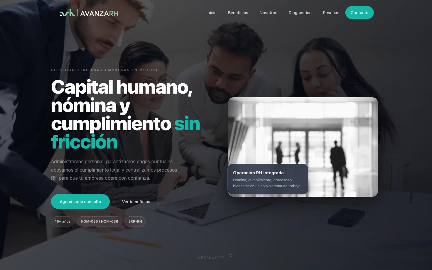 Captura del sitio publicado de Avanza RH en escritorio