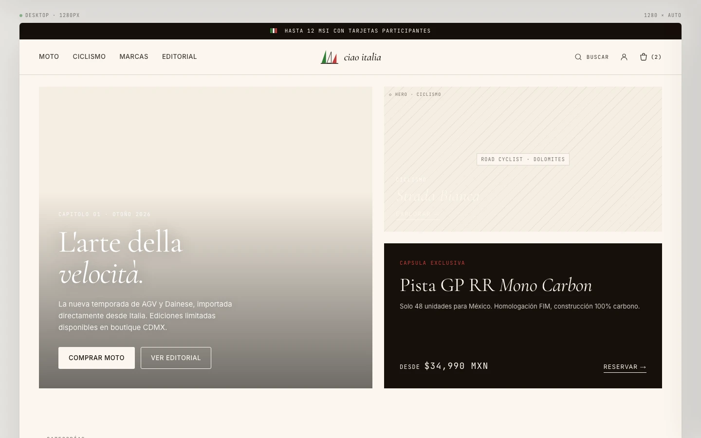 Captura del sitio publicado de Ciao Italia en escritorio