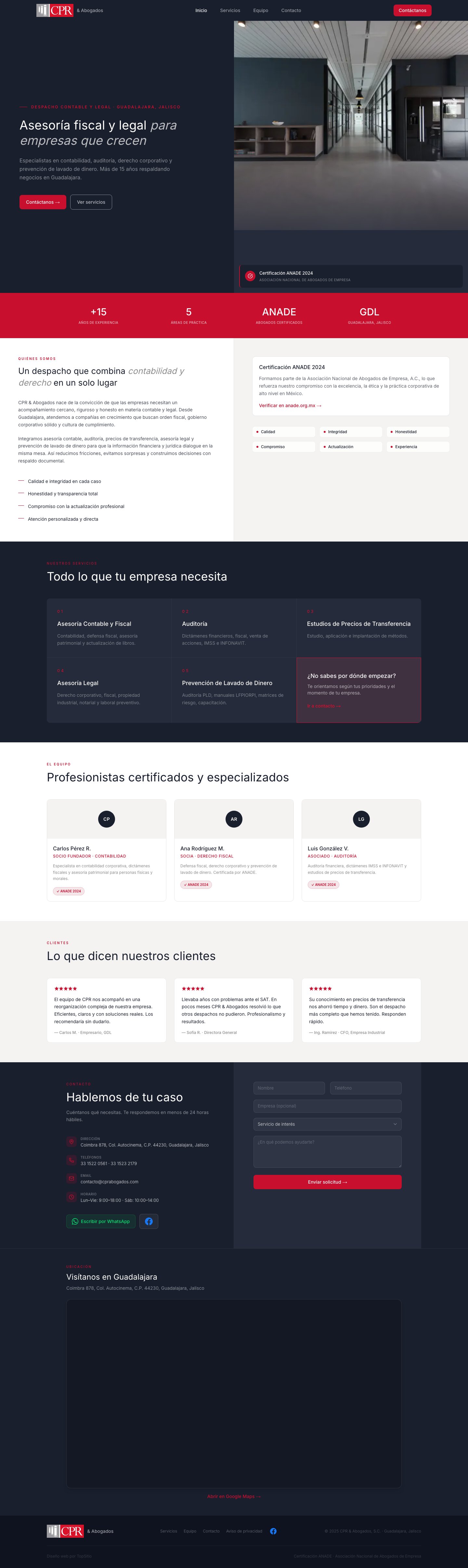 Página completa del sitio publicado de CPR Abogados, versión escritorio