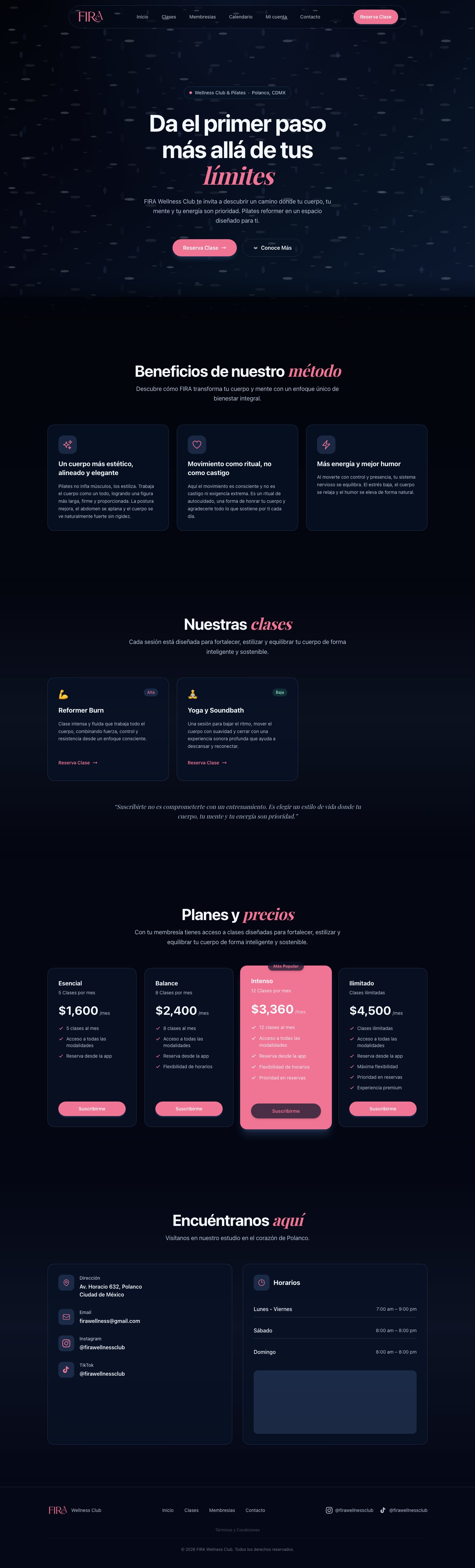 Página completa del sitio publicado de FIRA Wellness Club, versión escritorio