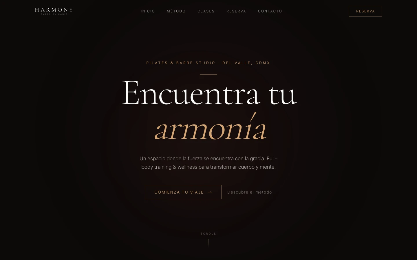Captura del sitio publicado de Harmony en escritorio