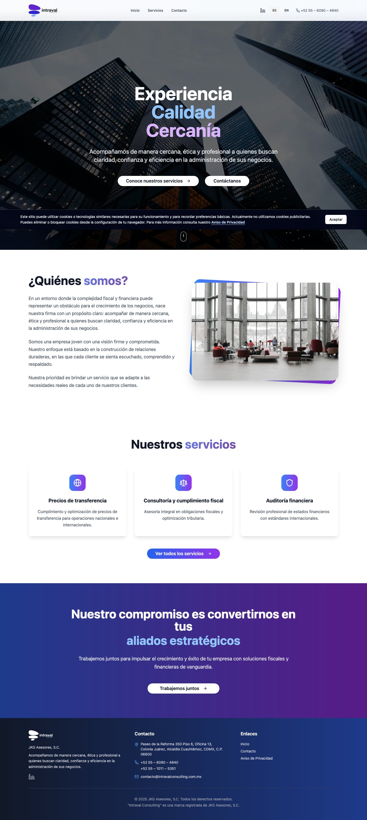Página completa del sitio publicado de Intraval Consulting, versión escritorio