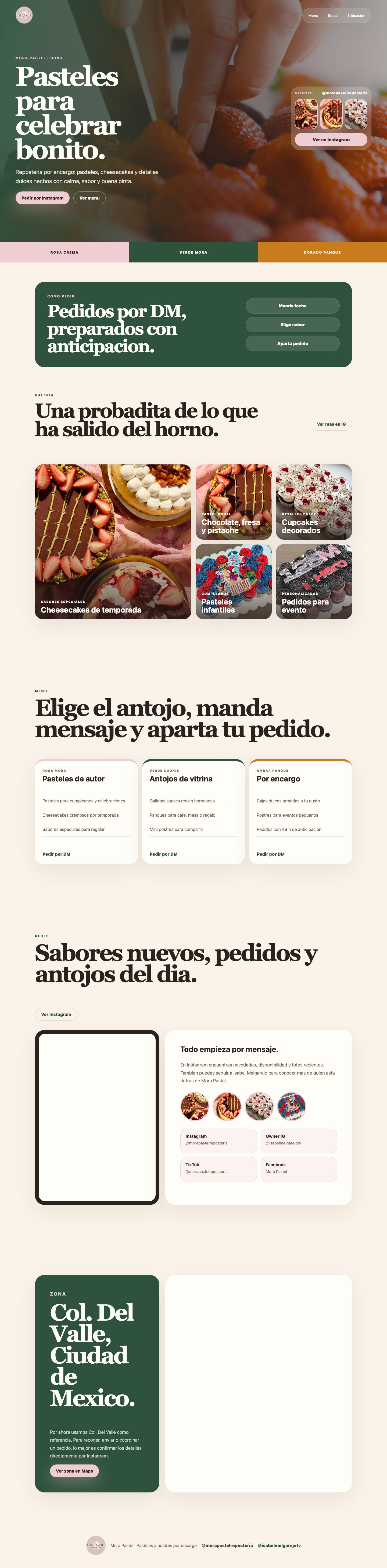 Página completa del sitio publicado de Mora Pastel, versión escritorio