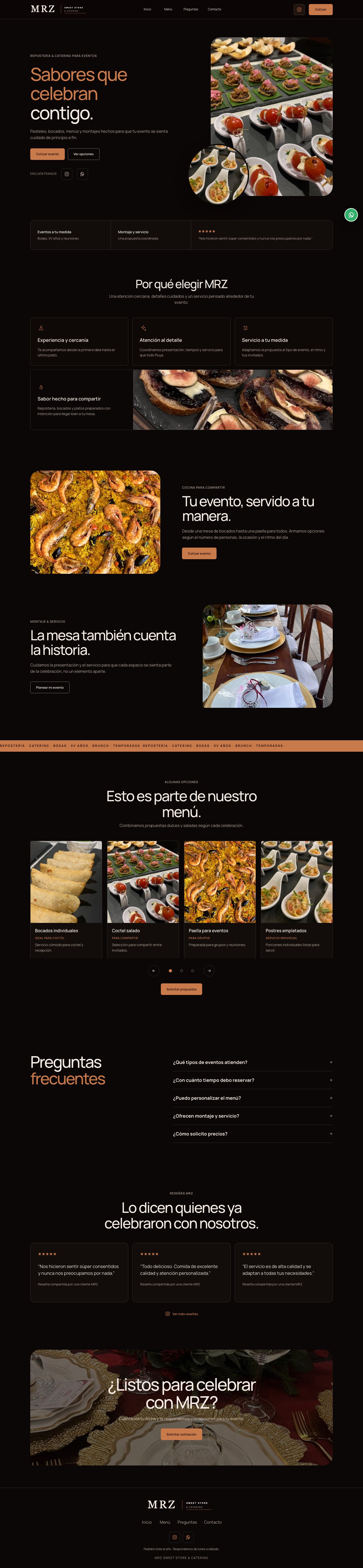 Página completa del sitio publicado de MRZ Catering, versión escritorio