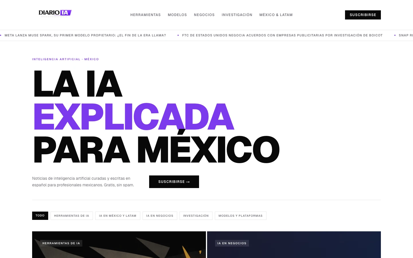Captura del sitio publicado de Diario IA en escritorio