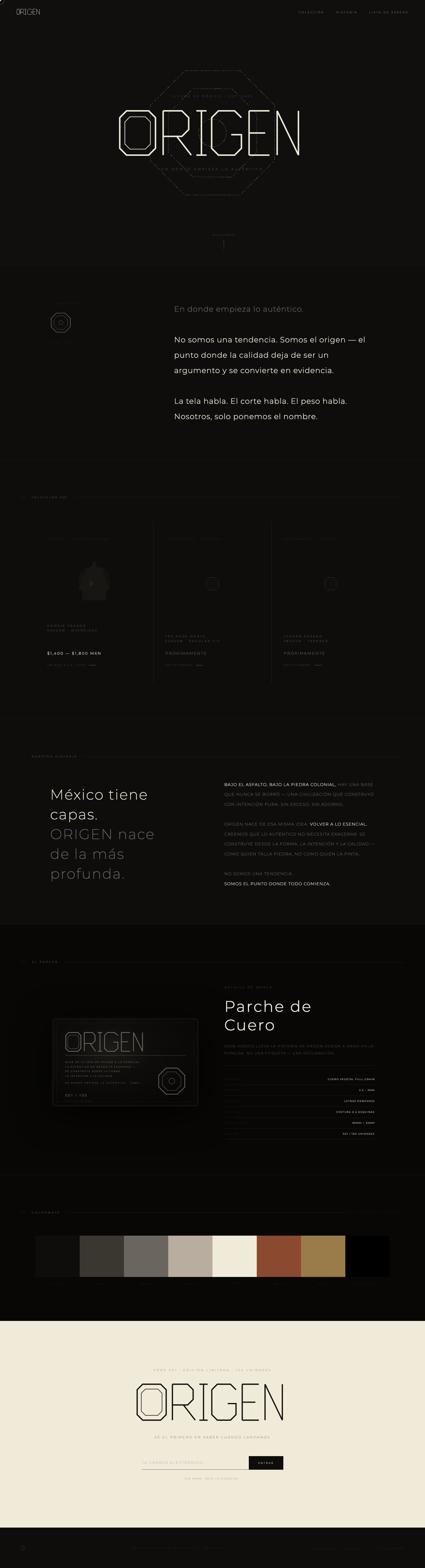Página completa del sitio publicado de Origen Store, versión escritorio