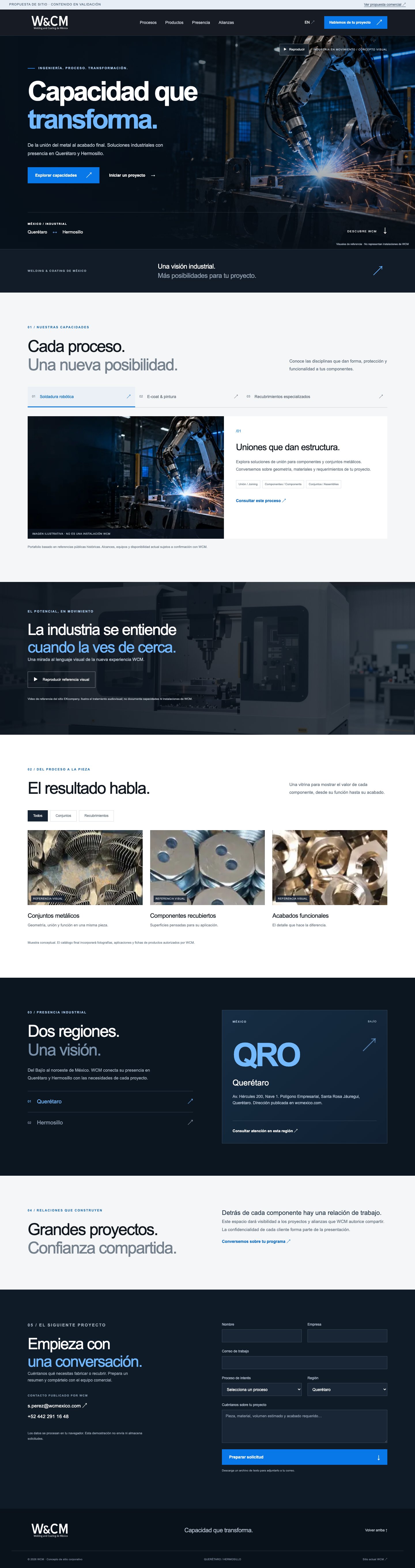 Página completa del sitio publicado de WCM Industrial, versión escritorio