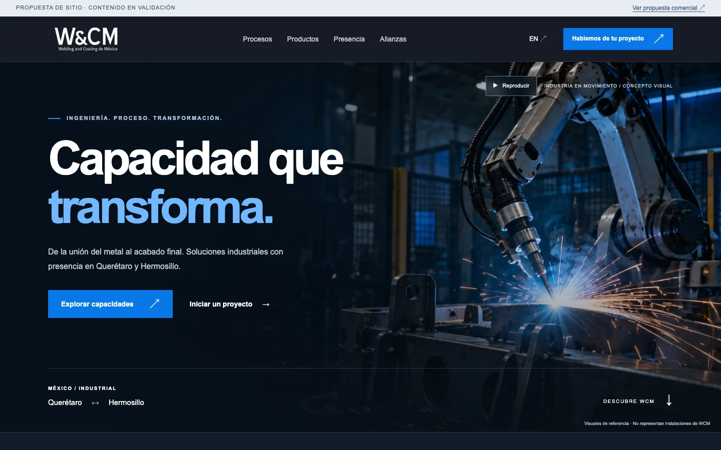 Captura del sitio publicado de WCM Industrial en escritorio